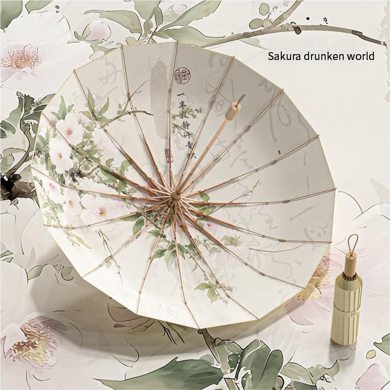 16 Bone Color Glue Parasol Gold Aluminum Alloy Skeleton New Chinese Retro Sun Protection Uv Folding Rain Umbrella