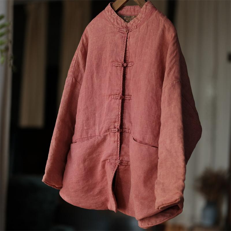 Johnature Dámské Vintage pruhovaný stojánek Parky Button Plus Bavlna Patchwork Kapsy Kabáty Zimní Dlouhý rukáv Teplé Parky