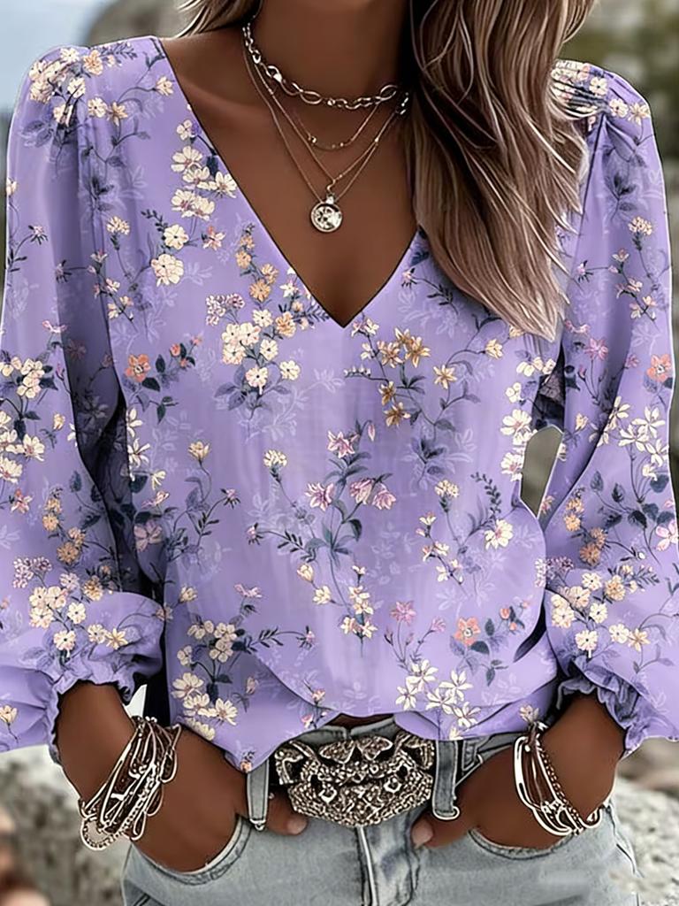 Koszula w stylu retro western z nadrukiem | Damska bluzka z długim rękawem i dekoltem w serek, z kolorowymi drobnymi nadrukami kwiatowymi i designerskimi rękawami typu latarnia w stylu bohema