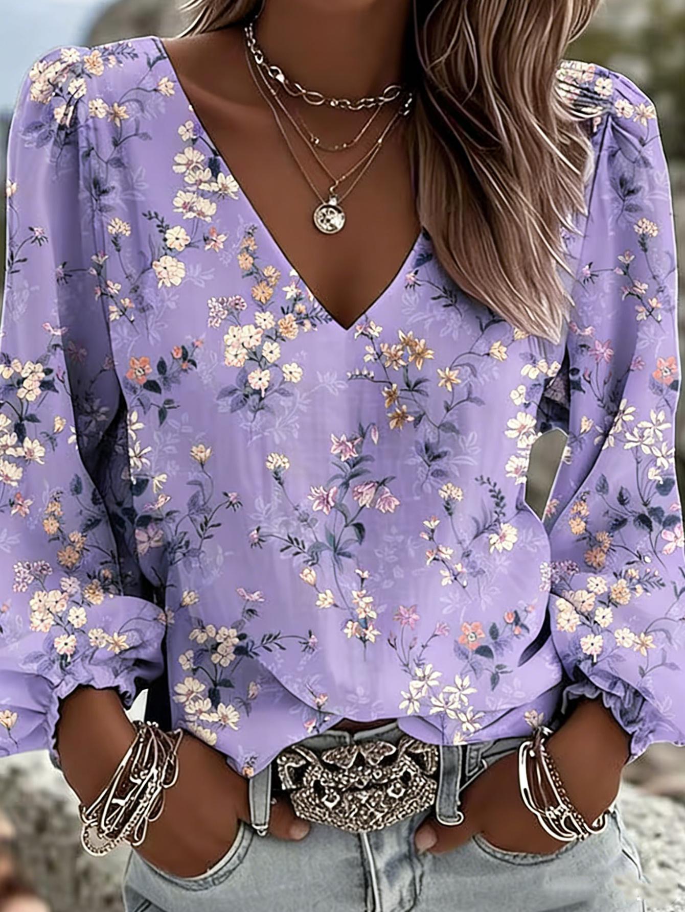 

Printed Retro Western Style Shirt | V-neck women s long-sleeved top, with colorful small floral prints and Bohemian-style lantern sleeves design XXL Фіолетовий