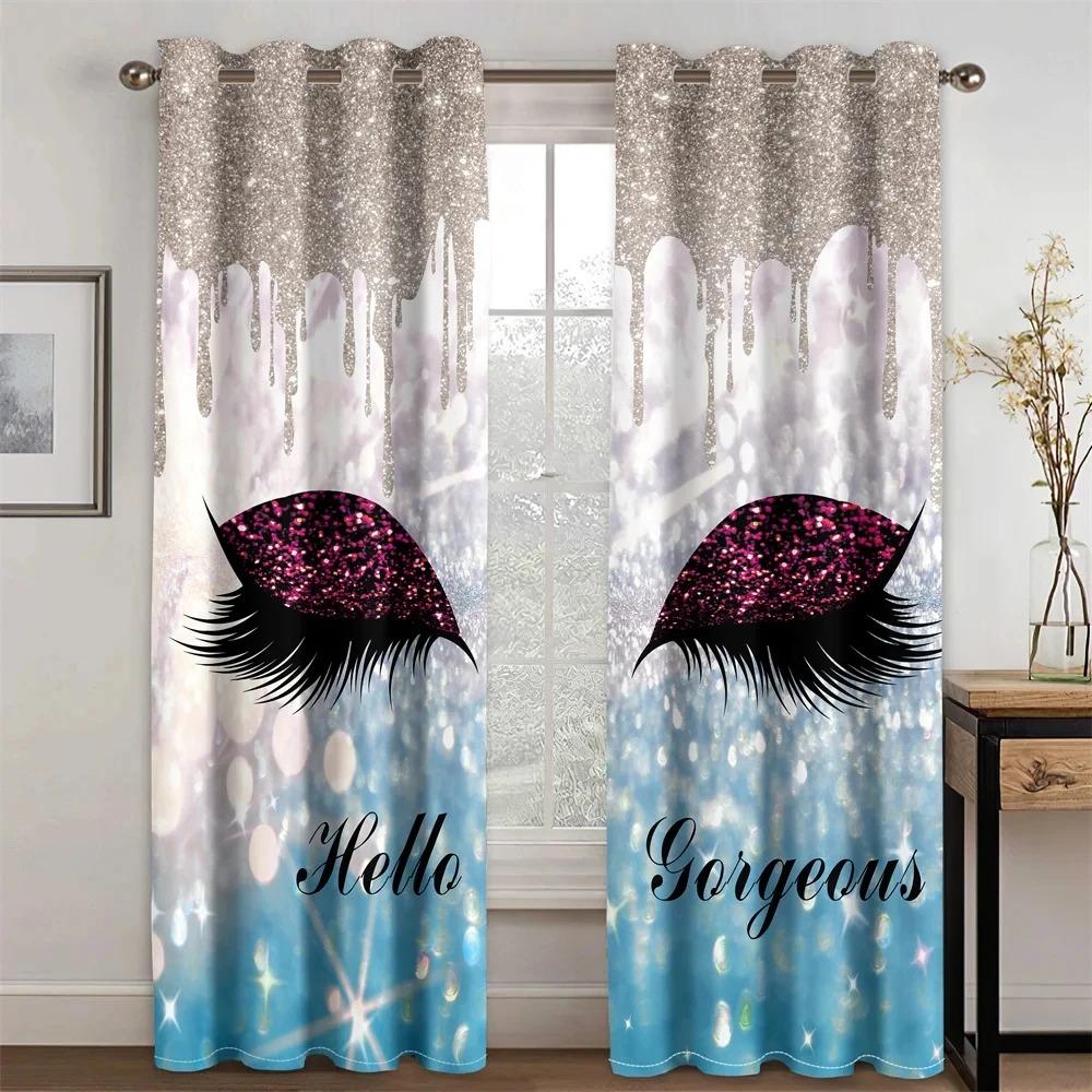 Glittery Light Blue Shiny Eyelash Eyes Window Curtains Blinds For Living Room Kids Bedroom Bathroom Kicthen Door Home Decor2Pcs