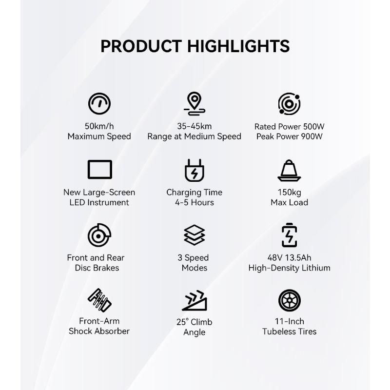 OOTD T10 E-Scooter 900W Peak power 48V13.5Ah LED Display Electric Scooter Adult 11-inch Off-Road Tire Convenient Fold EScooters