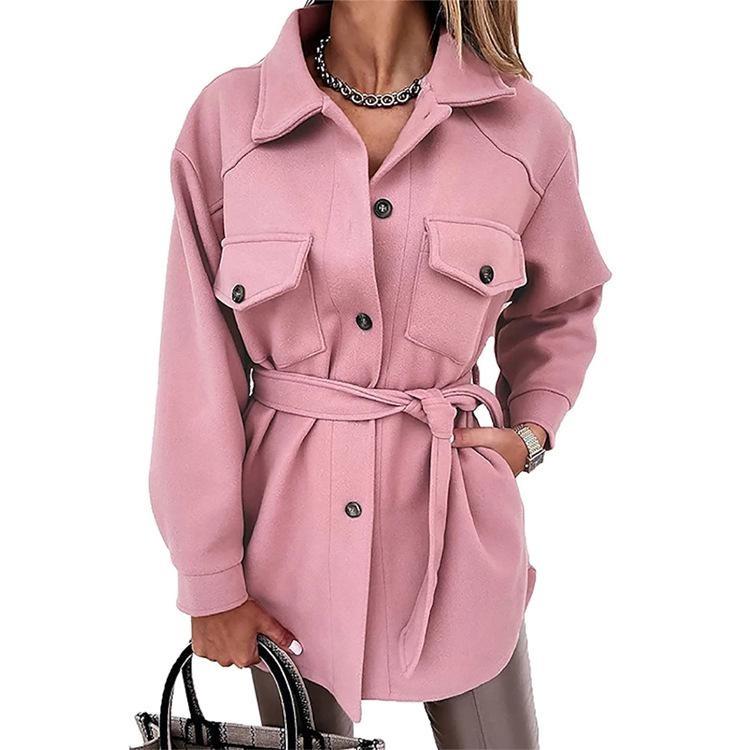 2024 Winter Women Wool Coat Solid Color Long Sleeve with Lace Lapel Trim Autumn Fashion