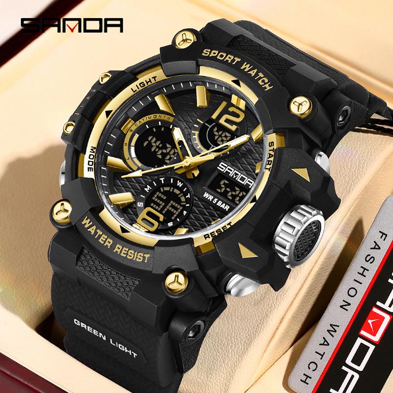 Sanda Dual-Movement Sports Watch with Countdown, Alarm, Night Light, Waterproof, and Multi-Function Features for Students.
