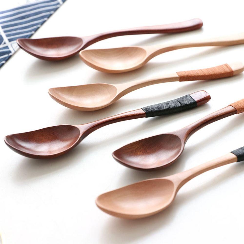 Kids Adults Elegant Eating Tableware Wooden Cutlery Kitchen Utensil Soup Spoons Scoop