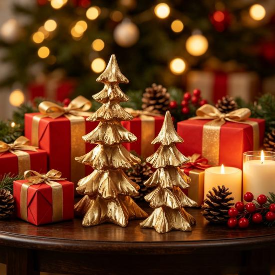 Gold Festive Figurines 2Pcs Christmas Tree Ornaments, Vintage Tabletop Decoration for Holiday Seasonal Display Pieces Home Decor And Fireplace Mantel