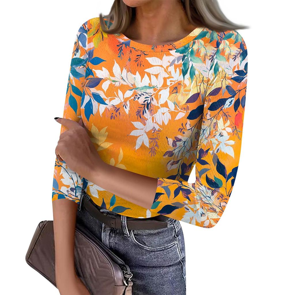 Women's Slim Bottom T-shirt Fashion Casual  Printed Round Neck Pullover Seven Sleeve Top