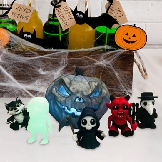 6Pcs/Set Halloween Horror Miniatures 3D Printed Miniature Spooky Figurines Pumpkin Mini Grim Reaper Wolf Zombie Ornaments for Party Favors Tabletop