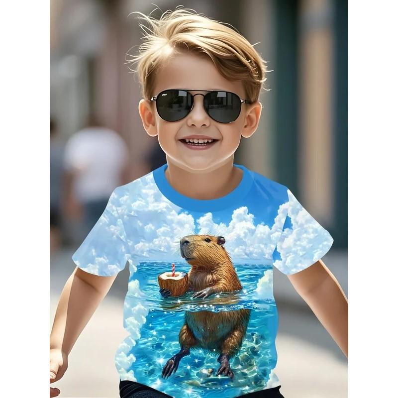 Kids Boy T-Shirt 3D Capybara Ocean Coconut Drink Print Crew Neck Short Sleeve Tee Children Summer Beach Outfit