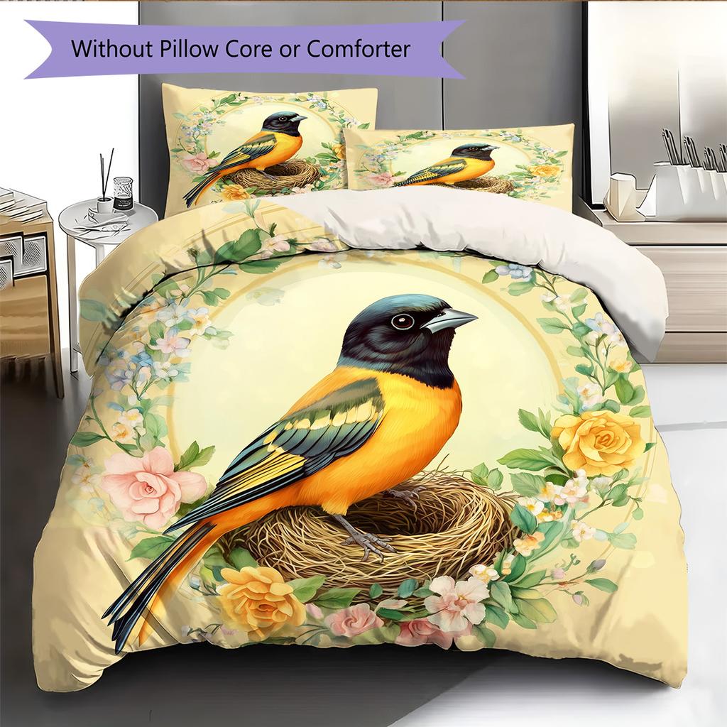 Bird's Nest with Flower Wreath  Pattern Bedding Quilt Set  Home Decoration  Gift (1 * duvet cover + 2 * pillowcase, without core)