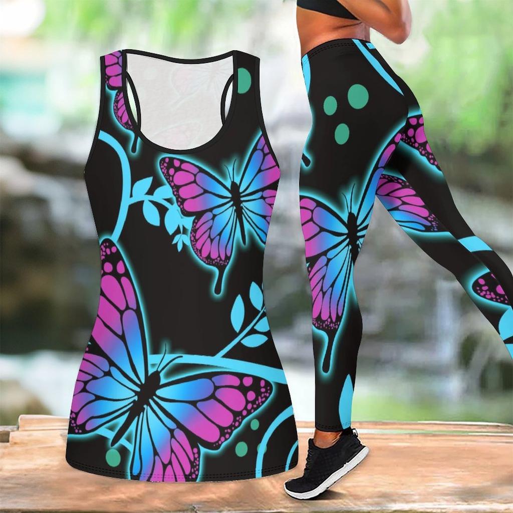 Butterfly Print Yoga Outfit for Women Fashion Workout Leggings Fitness Sports Casual Yoga Set Sports Suit