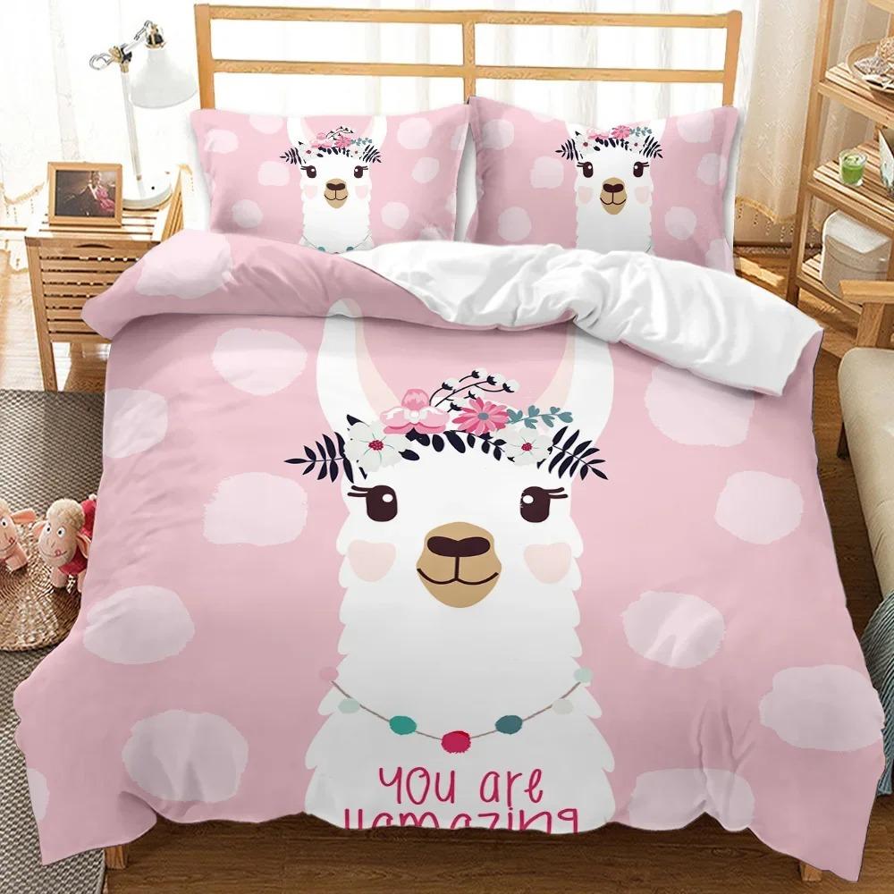 Lama Påslakanset Queen King Full Twin Storlek Söta Alpackor Sängkläder Set 3D Polyester Täcke Djur Täcke