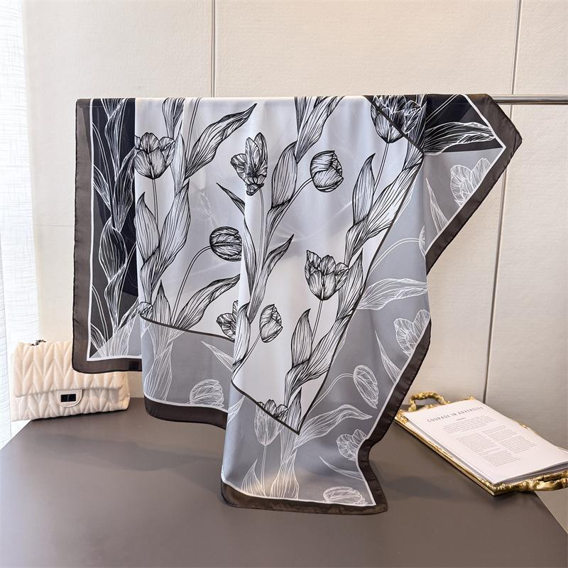 Spring And Summer Contrasting Color Splicing Satin Simulation Silk Printing Large Square Scarf Silk Scarf Shawl Headscarf Neck Protection Scarf