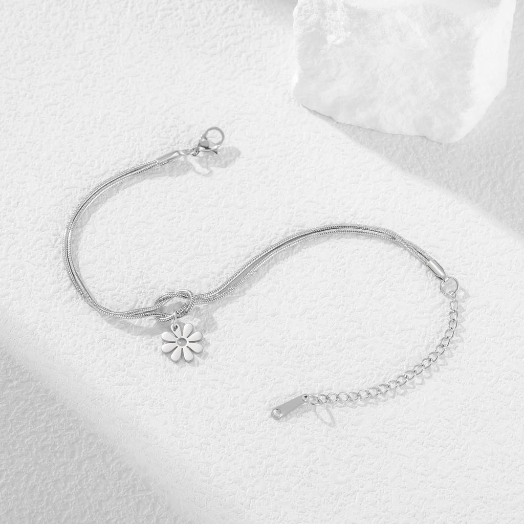 Teamer Daisy Charm Bracelet Stainless Steel Forever Knot Double Layer Snake Chain For Women Girls Trendy Flower Pendant Jewelry