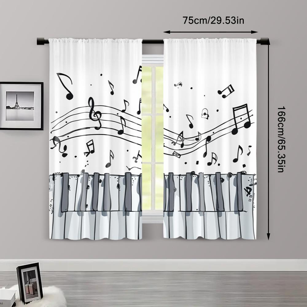 Set Of 2 Classic Curtains Piano Musical Notes Fabric Without Rod Room Decor Ldeal Bedroom Living Curtain Polyester Machine Washable Perfect For
