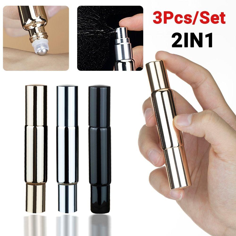 3Pcs 2 in 1 Spray Bottles Refillable 10ml Lotion Spray Atomizer Metal Roller Mini Essential Oils Bottle Cosmetics Storage