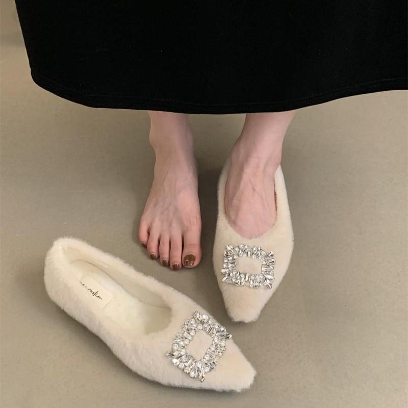 Flat-soled single shoes pointed-toed fluffy shoes women's water brick piled one pedal outer wear square buckle cotton shoes Doudou shoes