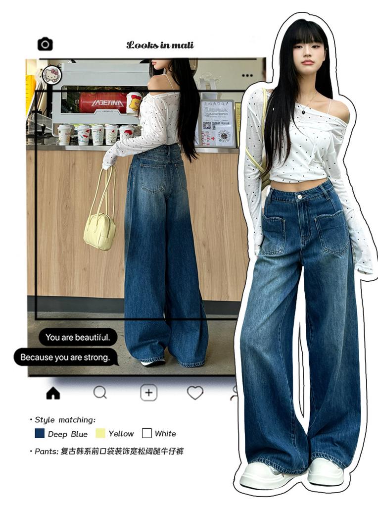 Blue A-shaped wide-leg pants women's loose jeans autumn new high-waisted and thin straight mopping pants tide