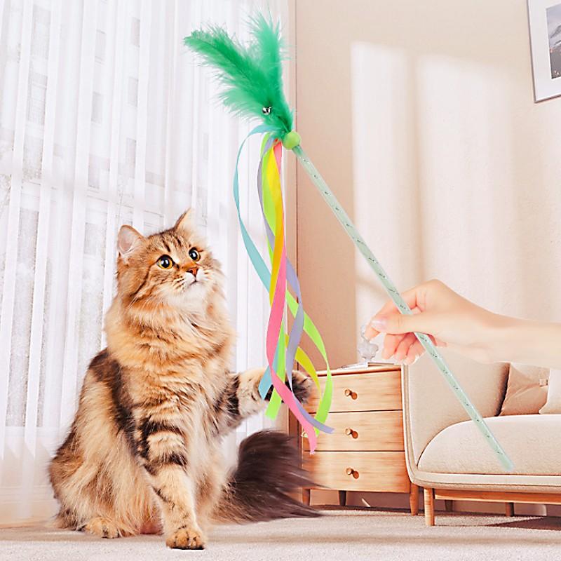 Cat Toys Feather Interactive Cat Toy Tassel Cats Teaser Feather Tassel Kitten Toys with Bell Long Handle Cats Toy Pet Supplies
