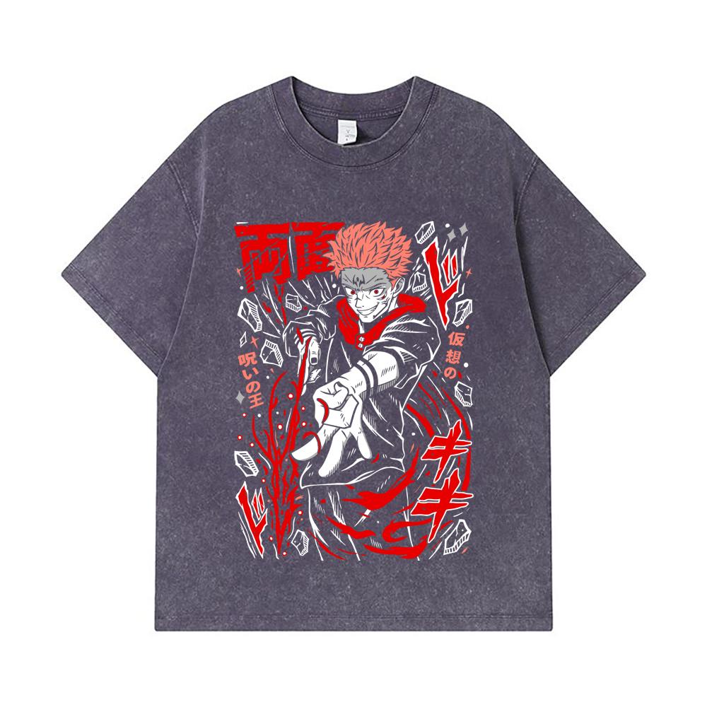 275 GSM Washed T-shirts 100% Cotton Jujutsu Kaisen V31 Sukuna Print Unisex Heavy Cotton T Shirt