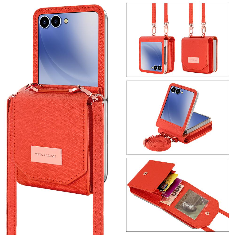 For Samsung Galaxy Z Flip7 5G Case Card Bag Kickstand PU Leather PC Phone Cover with Strap