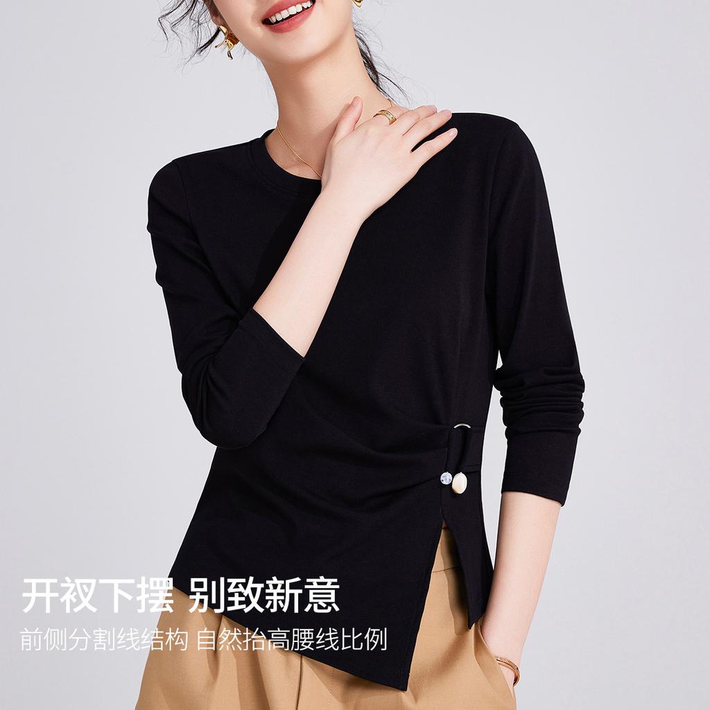 Crew Neck Front Shoulder Black Women's Spring and Autumn New Thin Irregular Split Hem Top Long Sleeve Women