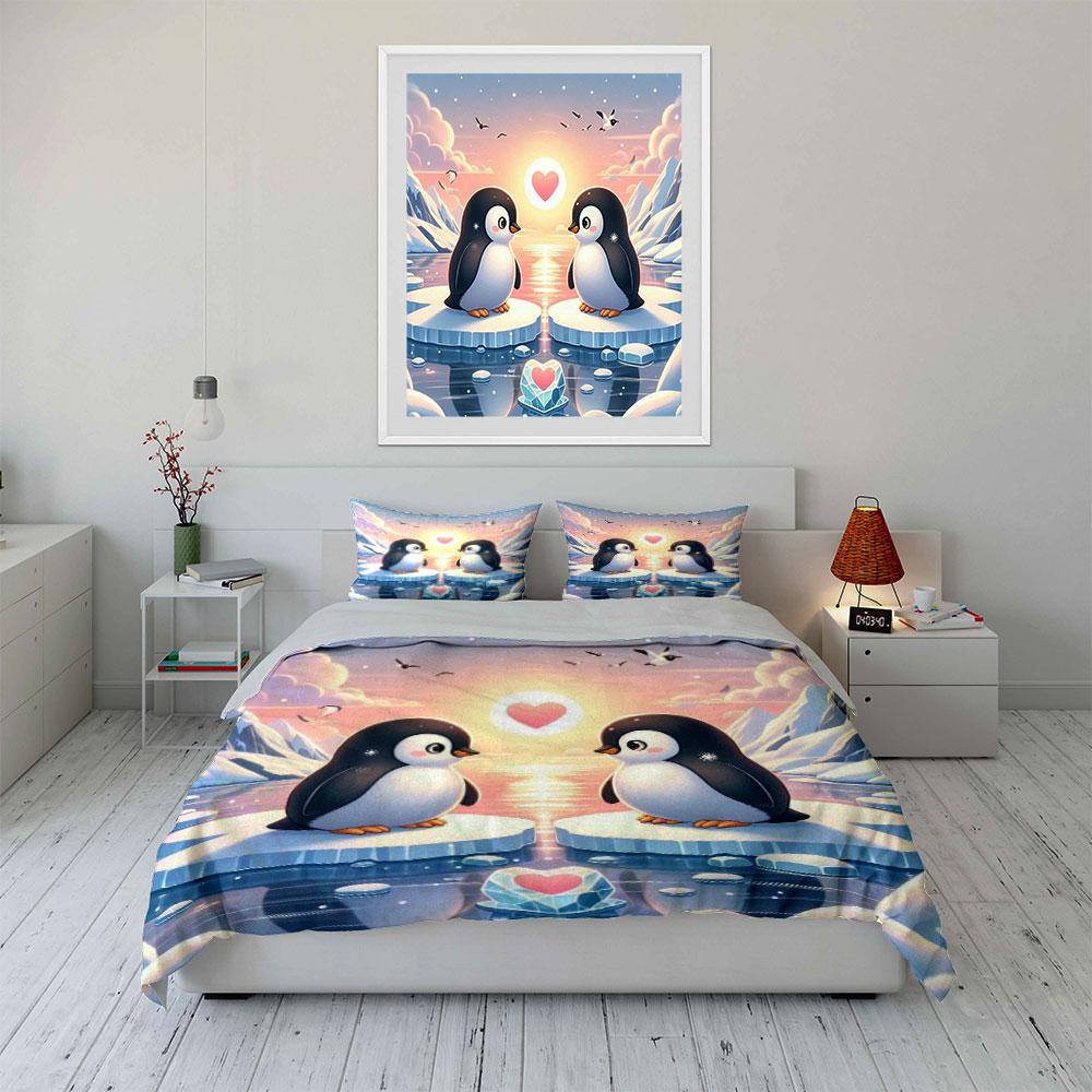 Penguins, icebergs, heart symbol. Bedding sets Duvet cover sets Duvet covers Pillowcases(1*Duvet Cover 2*Pillowcases without duvet insert)