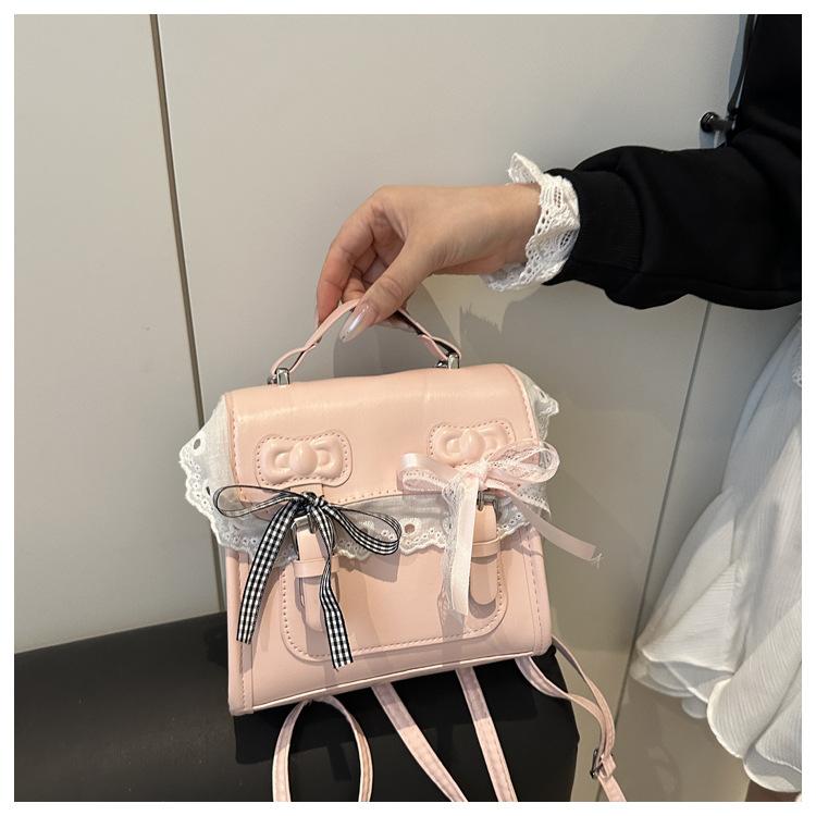 Faux Leather Flap Square Shoulder Bag for Women with Lace Bow Knot Trendy Casual Crossbody Purse