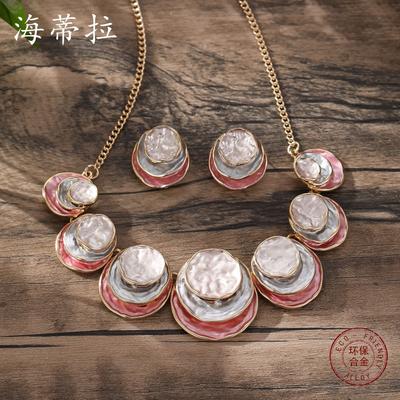 Color Painting Oil Three-layer Round Cake Earrings Necklace Set, Fashionable and High-end Women's Banquet Necklace