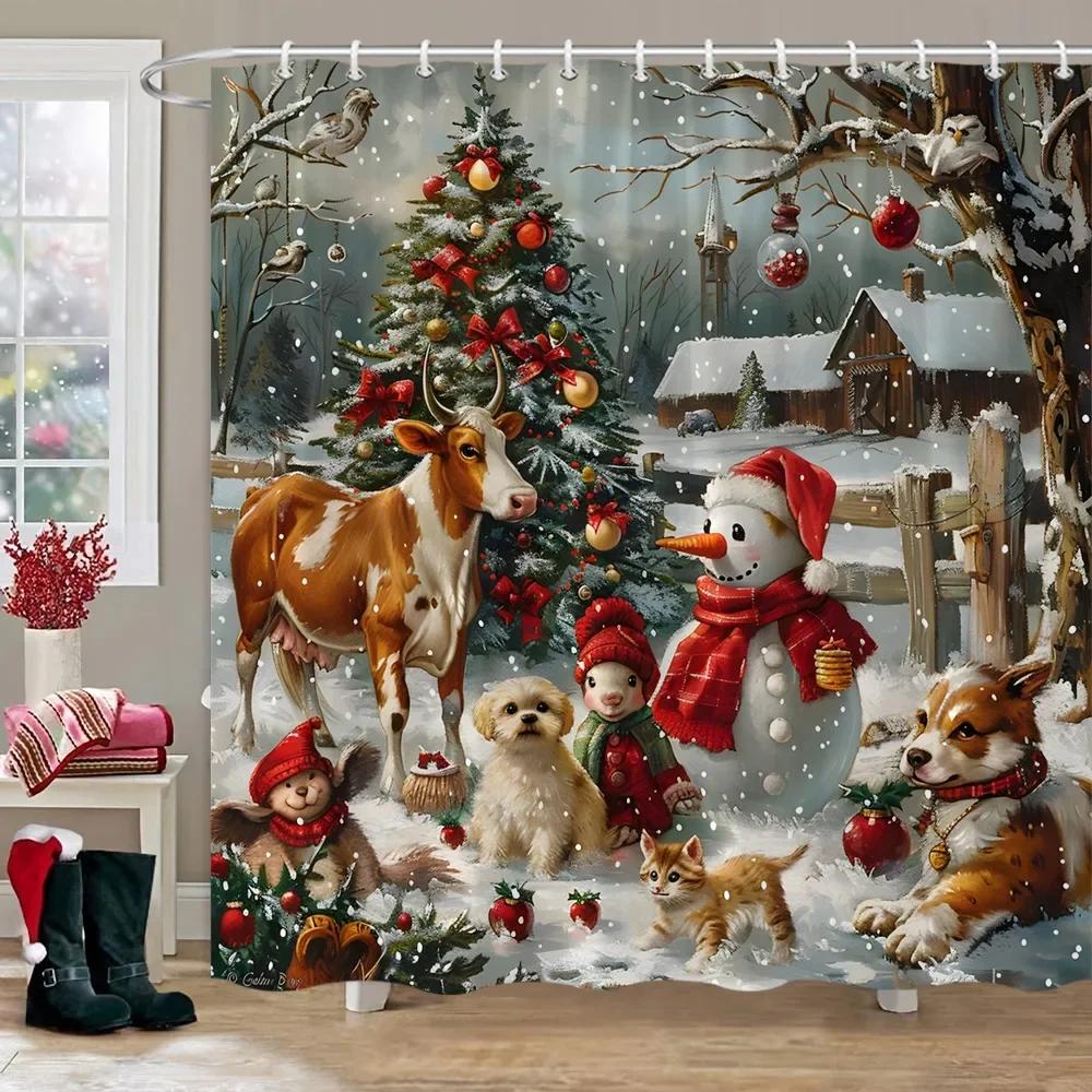 

Christmas Printed Shower Curtain Cute Snowman Red Truck Christmas Tree Socks Gifts Winter Fabric Shower Curtains Bathroom Decor W60H190(CM)-1 Pcs