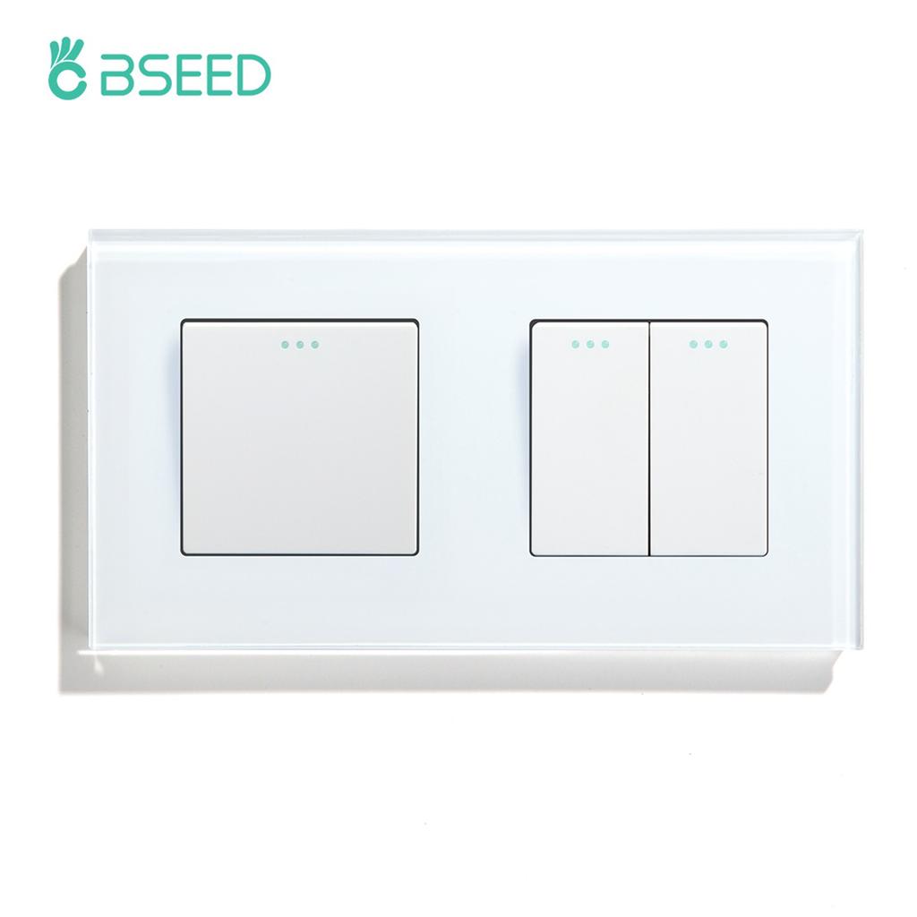 BSEED Double 1/2/3Gang Wall Light Switches 1Way Mechanical Button Switch On Off Glass Panel EU Standard 157mm