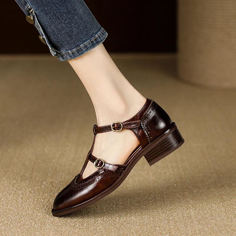 Móda Nové Jaro 2025 Boty Mary Janes z Pravé Kůže Nízký Podpatek Dámské Boty Retro Kulatá Špička Boty pro Ženy Blokové Lodičky retro Dámské Boty