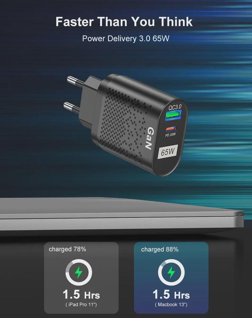 65W GaN Universal Fast Charger for Laptops QC3.0