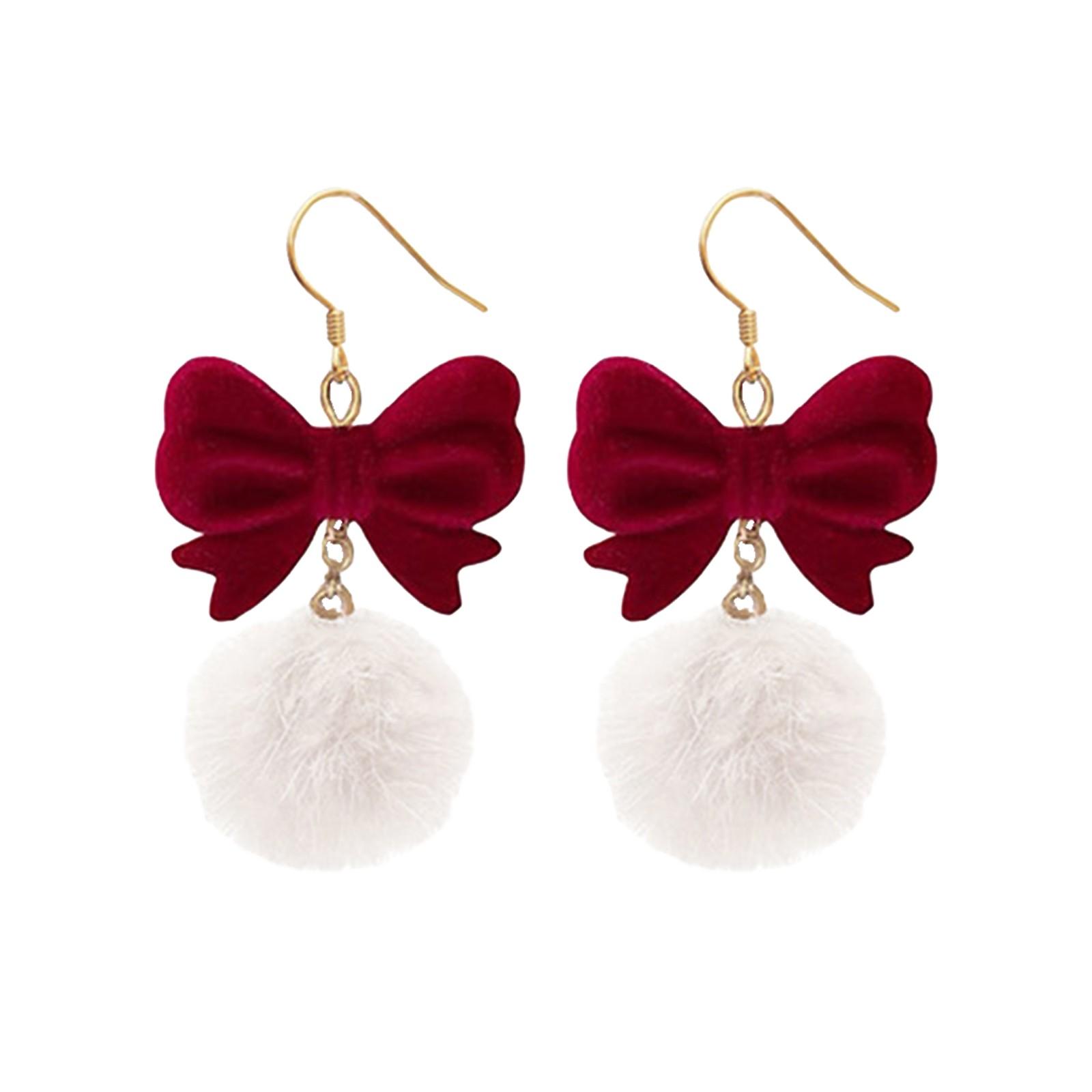 

Милые зимние пушистые серьги-шарики - дизайн с красным флокированным бантом, гипоаллергенные, легкие, идея рождественского подарка для женщин, девочек и подростков One Size