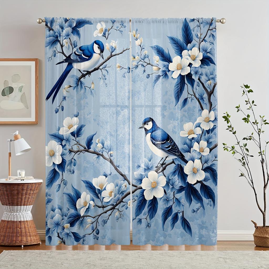 2pcs Blue & White Floral Bird Print Sheer Curtains - Rod Pocket Design, Easy Slide, Sun-Filtering, Machine Washable Polyester, P