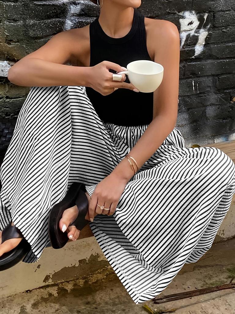 Women Black and White Vertical Stripe High Waist Wide Leg Pants