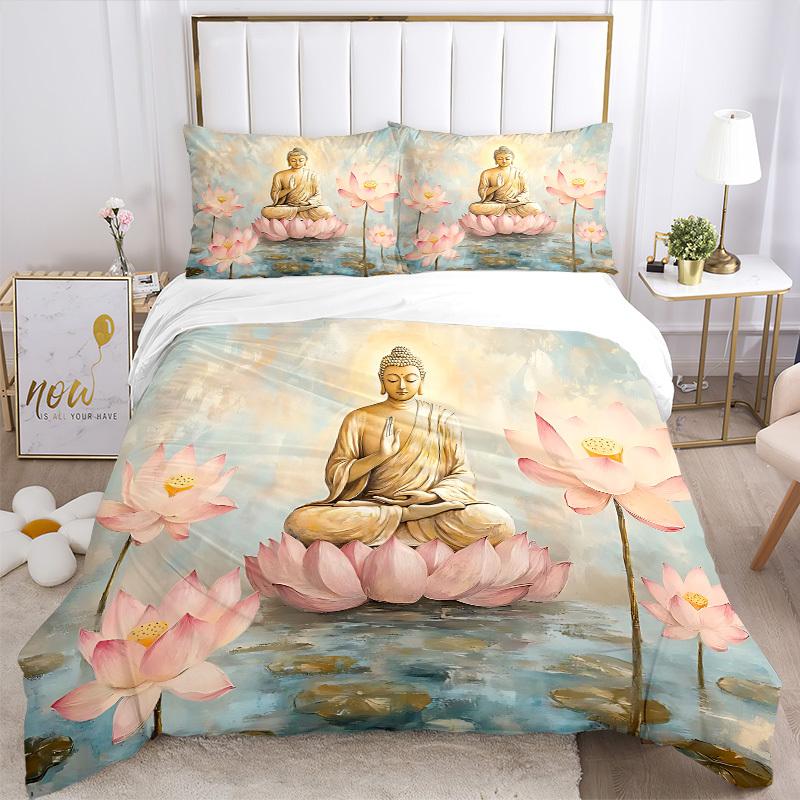 3pcs bedding set Buddha Lotus Includes 1 Comforter + 2 Pillowcases, Without Pillow Inserts, Soft Comfortable, Lightweight Breathable, Printe