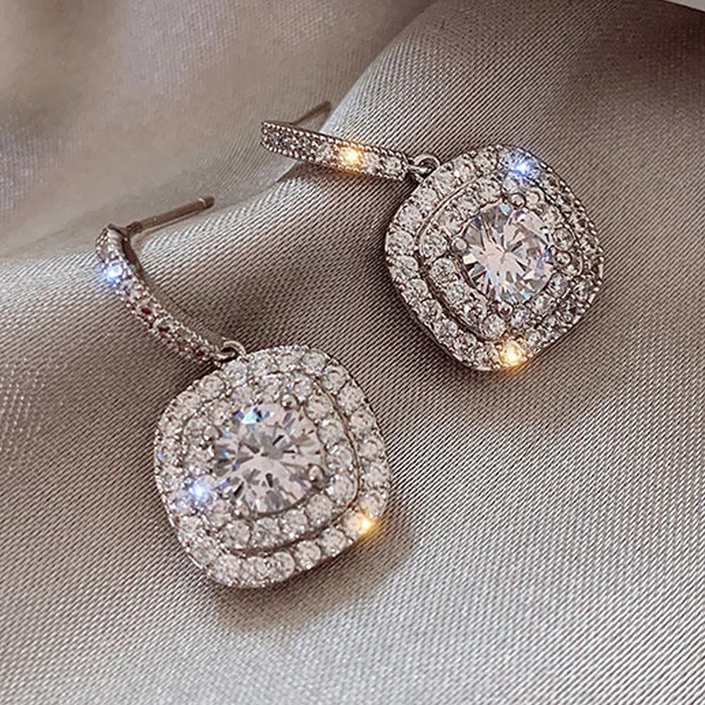 Gorgeous Microinlay Cubic Zirconia Square Sterling Silver Dangle Drop Earrings Dainty Wedding Engagement Party Earring