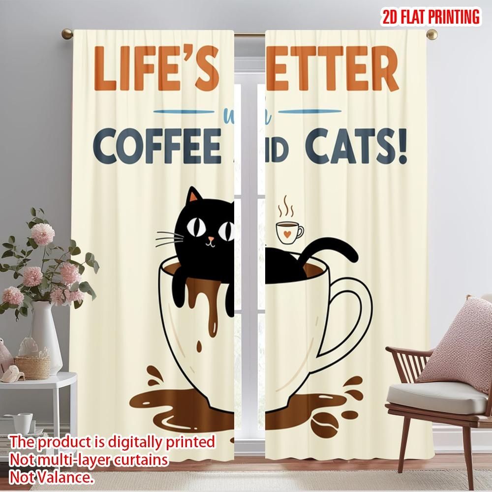 

2pcs 2D flat printing Drapes Cute Cat Coffee Lover Gift Polyester Without Electricity Festive Curtains Perfect for Holiday 52.50×116.00 CM 2pcs