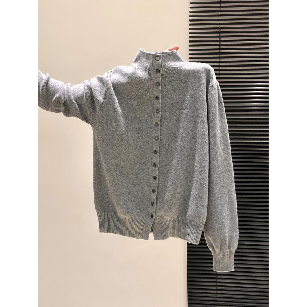 Autumn and Winter Single-breasted Long-sleeved Semi-turtleneck Top Temperament Women's Long-sleeved Cardigan Jacket Wool Knitted Sweater