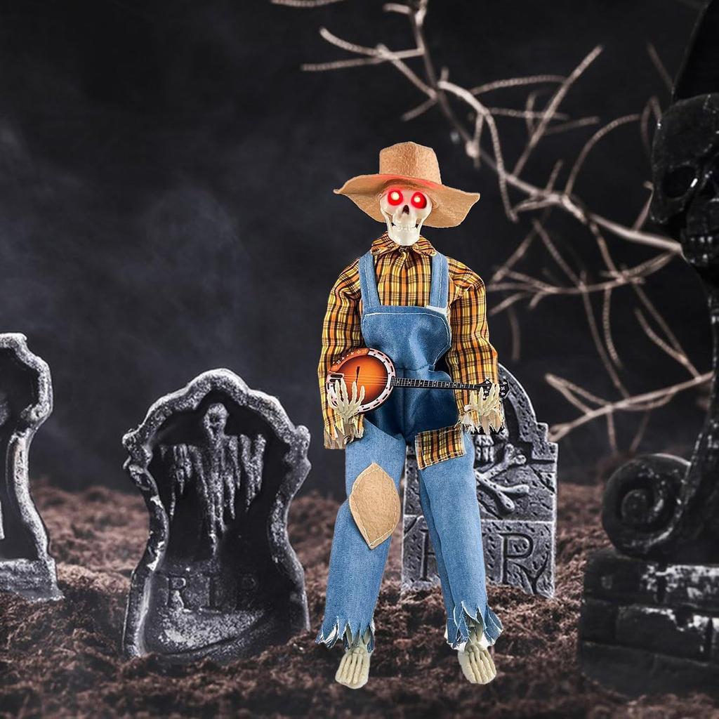 Halloween Animated Banjo Playing Skeleton Glowing Singing Cowboy Skull Guitar Statue with Moving Arms & Head, Spooky Music Gifts