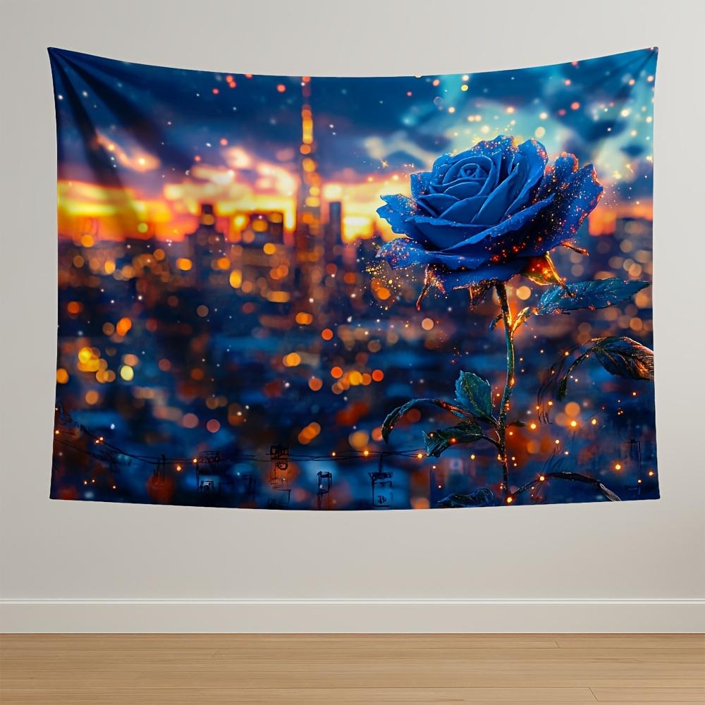 

Mystical Blue Rose Tapestry Glowing Cityscape Sparkling Lights Detailed Petals for Romantic and Dreamy Home Decor Wall Art 74x94cm(29x37in)