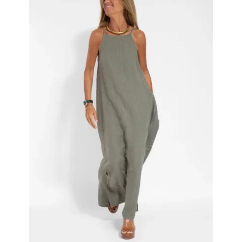 Women's Summer Fashion Casual Cotton Linen Maxi Dress Spaghetti Strap Side Split Sleeveless Loose Fit Beach Vacation Holiday Long Dress
