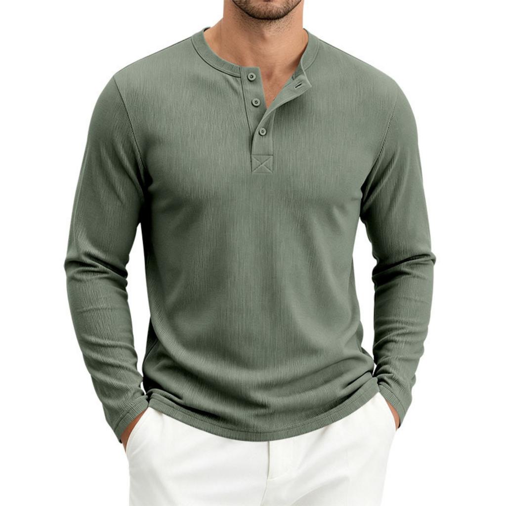 Men's Long Sleeve Loose Fit Ribbed Breathable Henley Shirt Button Placket Casual Pullover Top