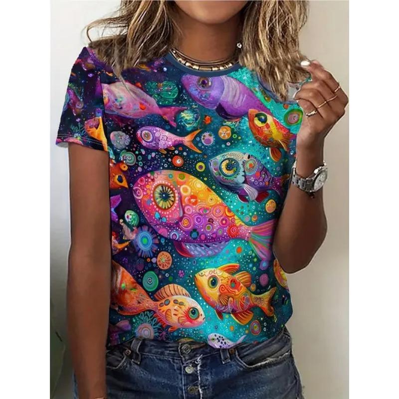 Summer Round Neck 3D Animal Print Top Fashionable Casual Short Sleeved Women's T-shirts