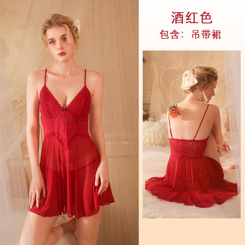 New Sexy Sexy Mesh Perspective Pajamas Lace Embroidery Suspender Pajamas Women's Clothing