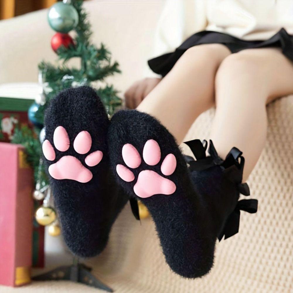 Coral Velvet Cat Paw Plush Socks Paw Pads Bowknot Warm Socks Y2k 3D Cat Paw Socks  Gift