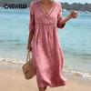 Elegant Casual V-Neck Solid Color Women Dress Long Sleeve Loose Fit Lightweight Flowy Midi