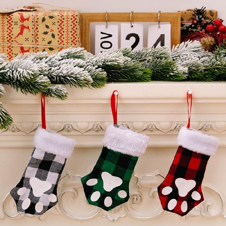 Christmas Cute for Cat Paw Plaid Tree Stocking Family Gather Party Decor