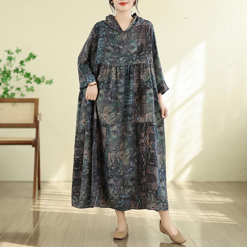 DIMANAF New 2026 Women Plus Size Summer Maxi Long Dress Cotton Hooded Loose Oversize Casual Lady Vintage Print Beach Sundress